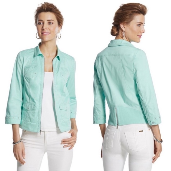 Chicos Womens Zip-Up Summer Jacket Size 1 (M) 3/4 Sleeve Rib Inset Iced Mint NWT - Picture 2 of 8